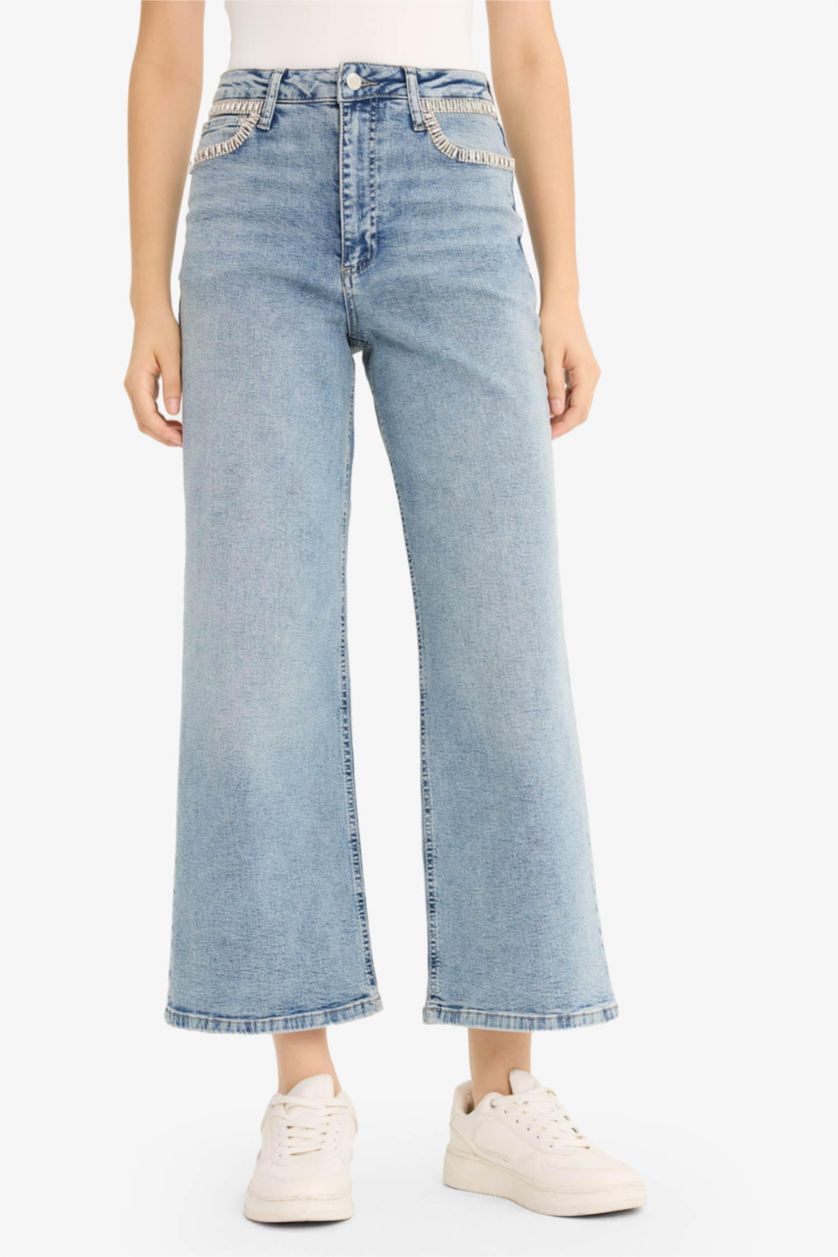 Kadın Mavi Kısa Geniş Paça Yüksek Bel Bilek Boy Jean Yıkamalı Pantolon