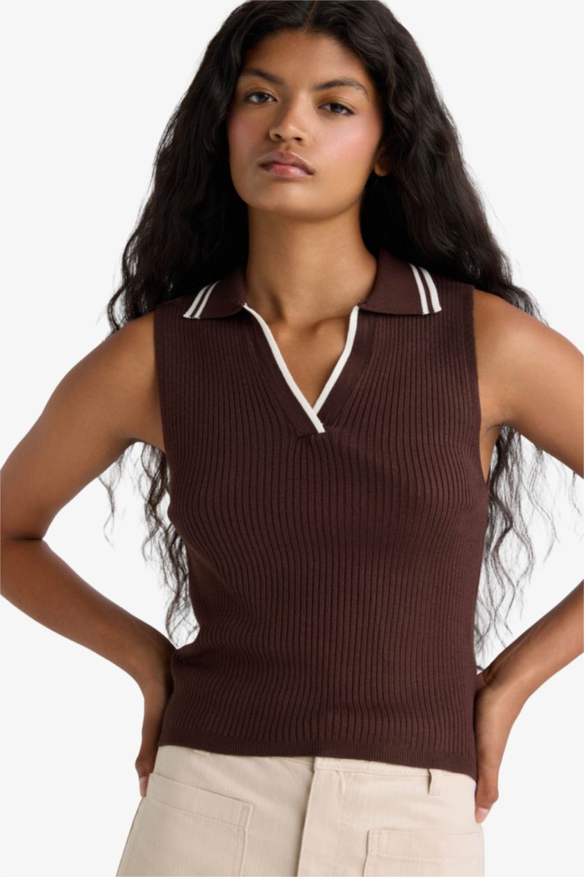 Kadın Kahve Fıtted Polo Yaka Triko Atlet