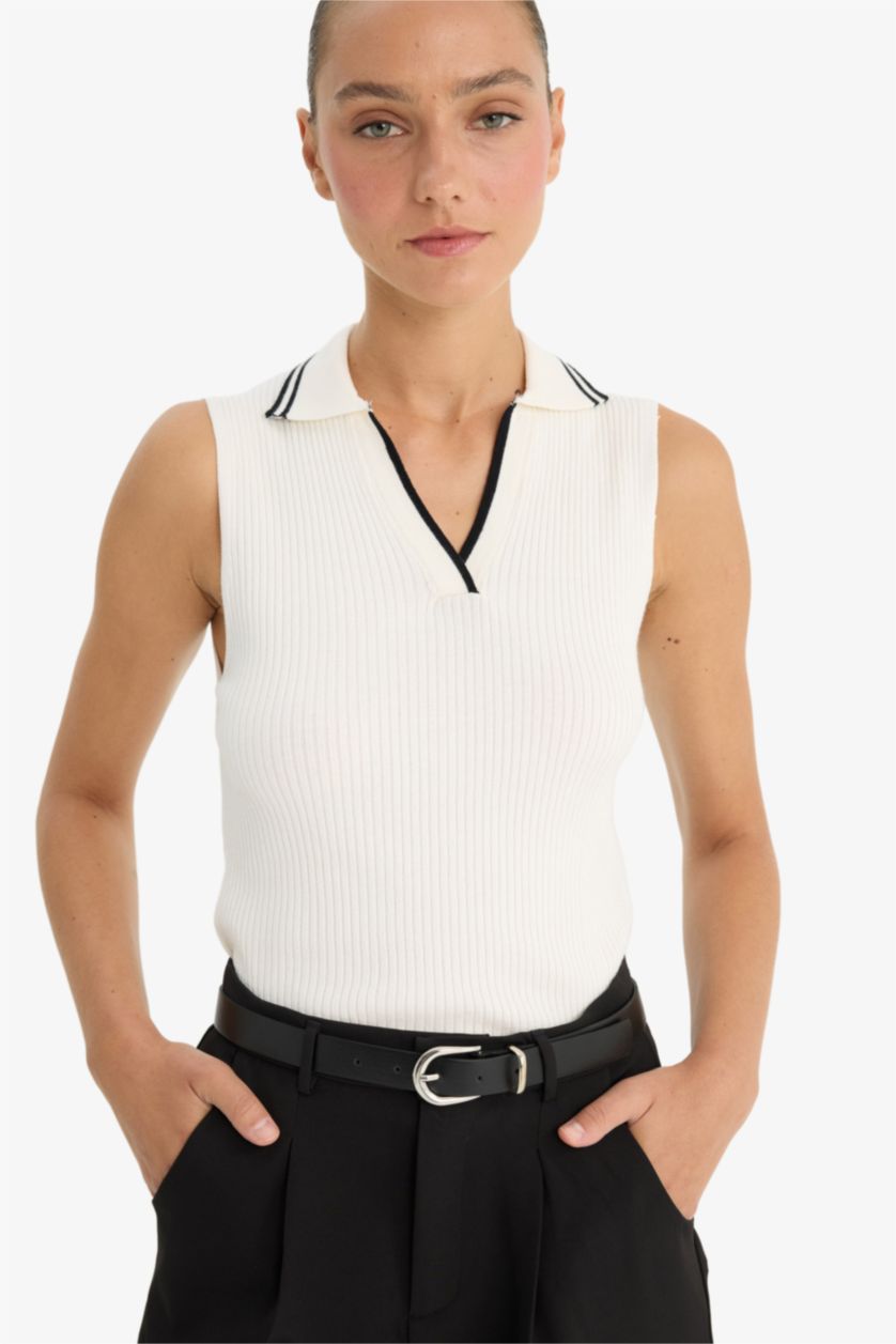 Kadın Ekru Fıtted Polo Yaka Triko Atlet