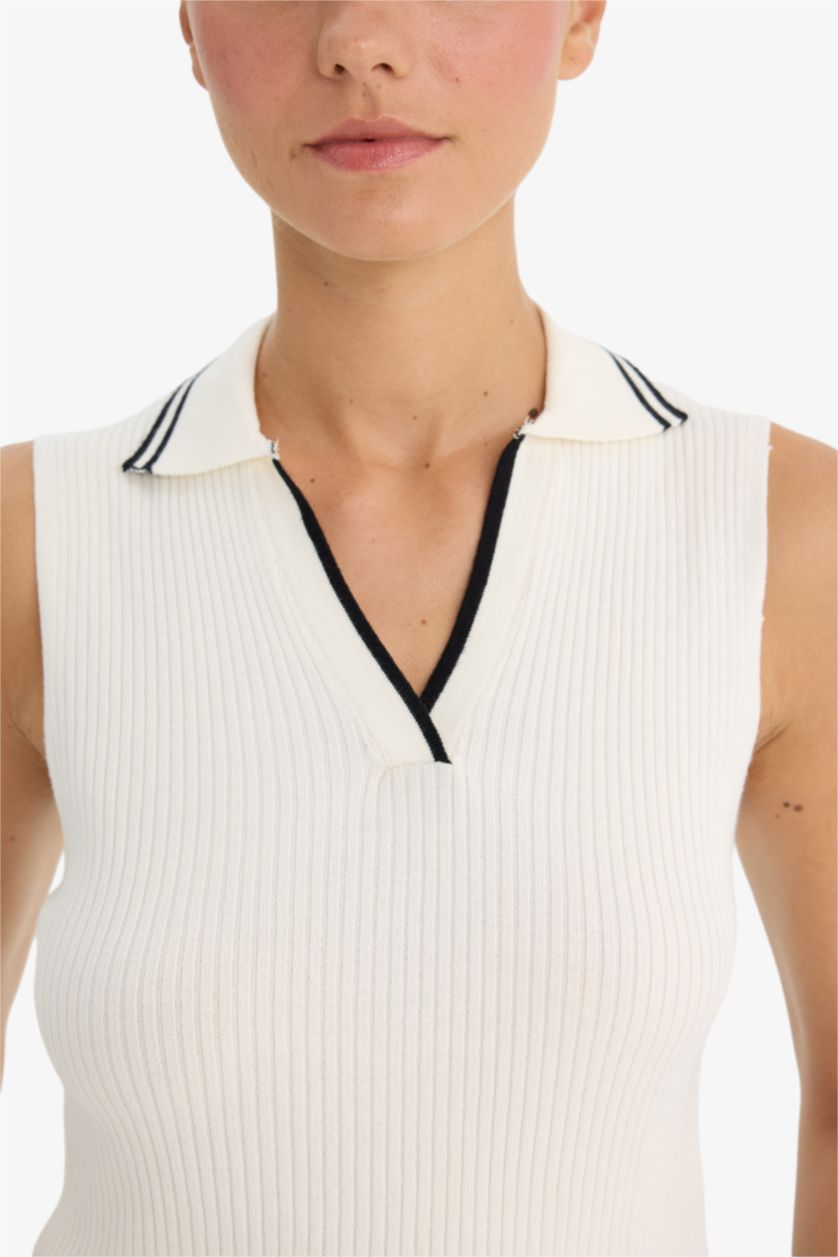 Kadın Ekru Fıtted Polo Yaka Triko Atlet