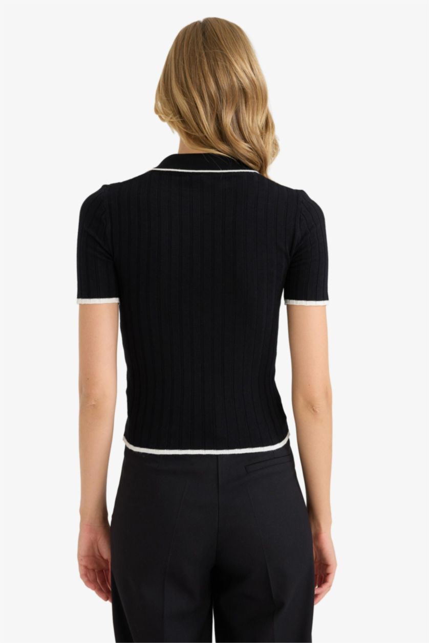 Kadın Siyah Fitted Polo Yaka Triko Kısa Kollu Kazak