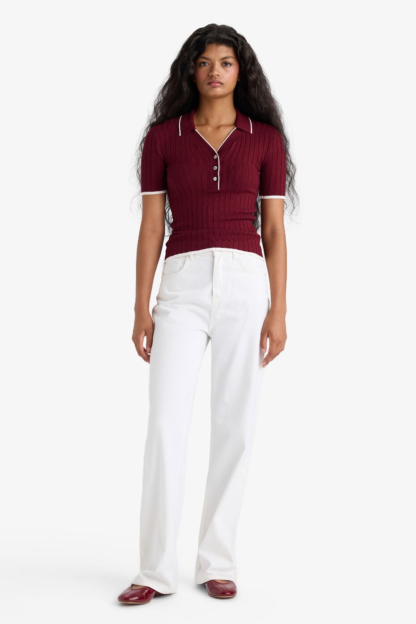 Kadın Bordo Fitted Polo Yaka Triko Kısa Kollu Kazak