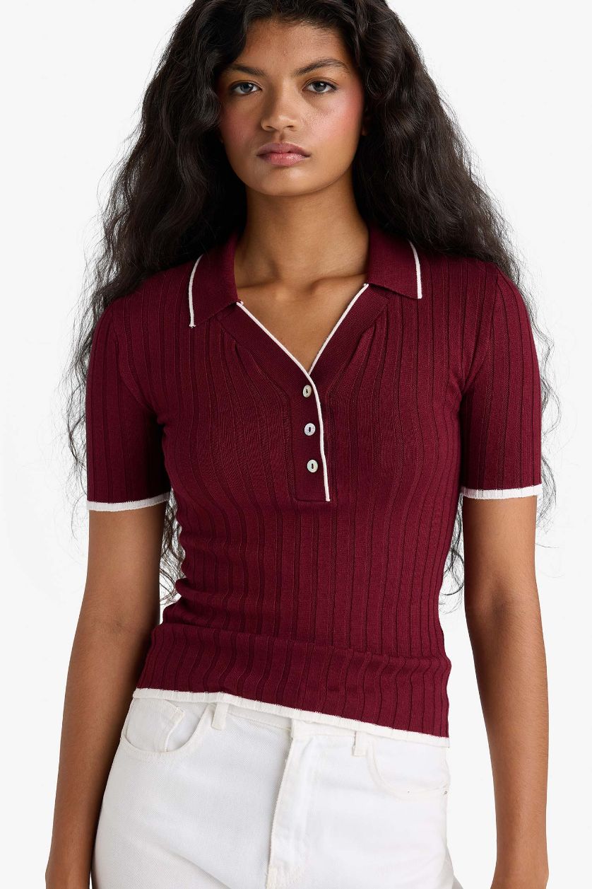 Kadın Bordo Fitted Polo Yaka Triko Kısa Kollu Kazak