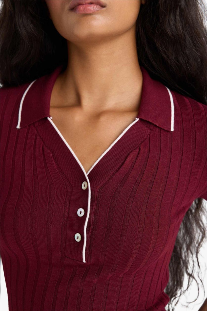 Kadın Bordo Fitted Polo Yaka Triko Kısa Kollu Kazak