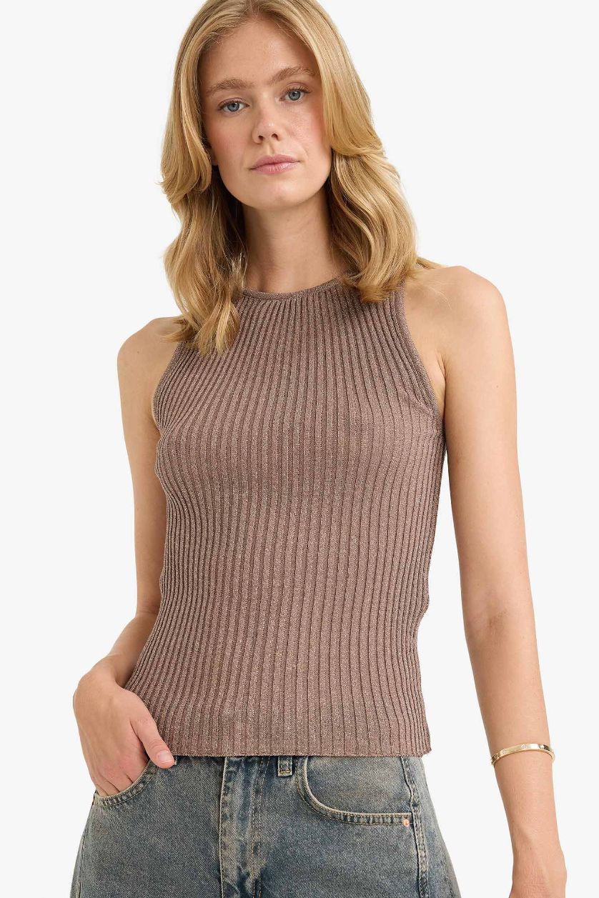 Женщины Визон Трикотажный топ с круглым вырезом, облегающий