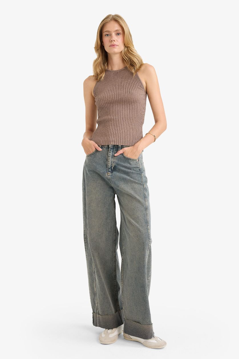 Женщины Визон Трикотажный топ с круглым вырезом, облегающий