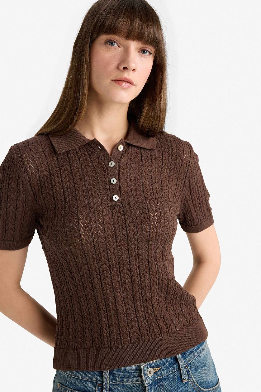 FEMME Marron T-shirt en maille ajourée manches courtes à col polo et boutons