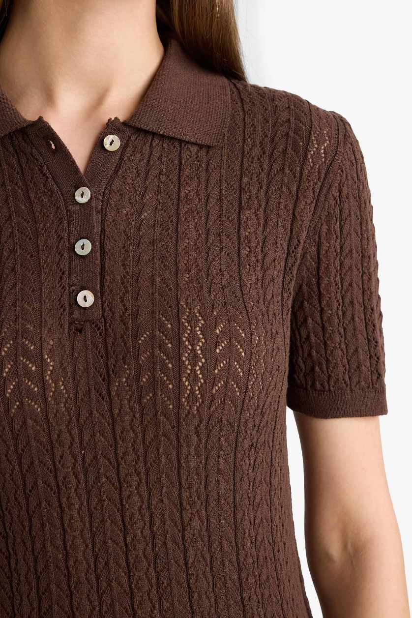 FEMME Marron T-shirt en maille ajourée manches courtes à col polo et boutons