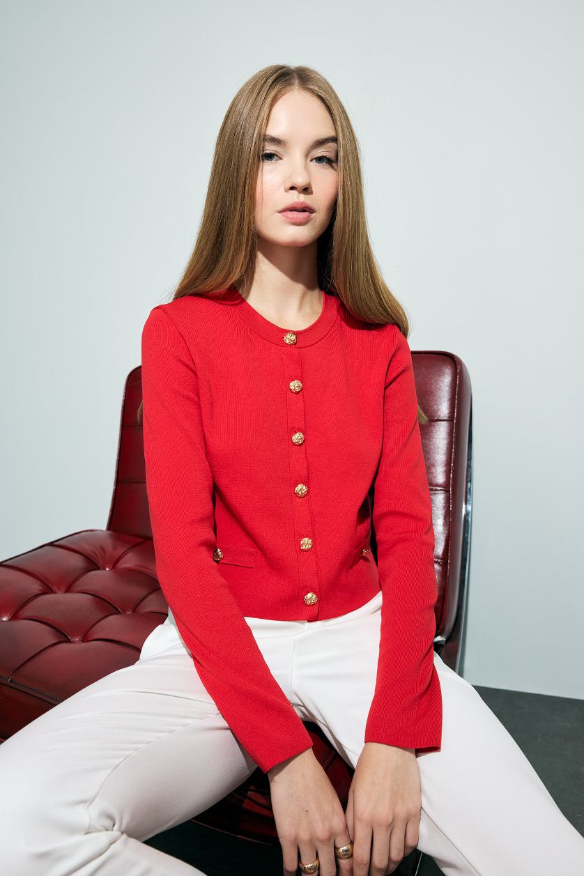 Woman Red Regular Fit Crew Neck Knitwear Cardigan