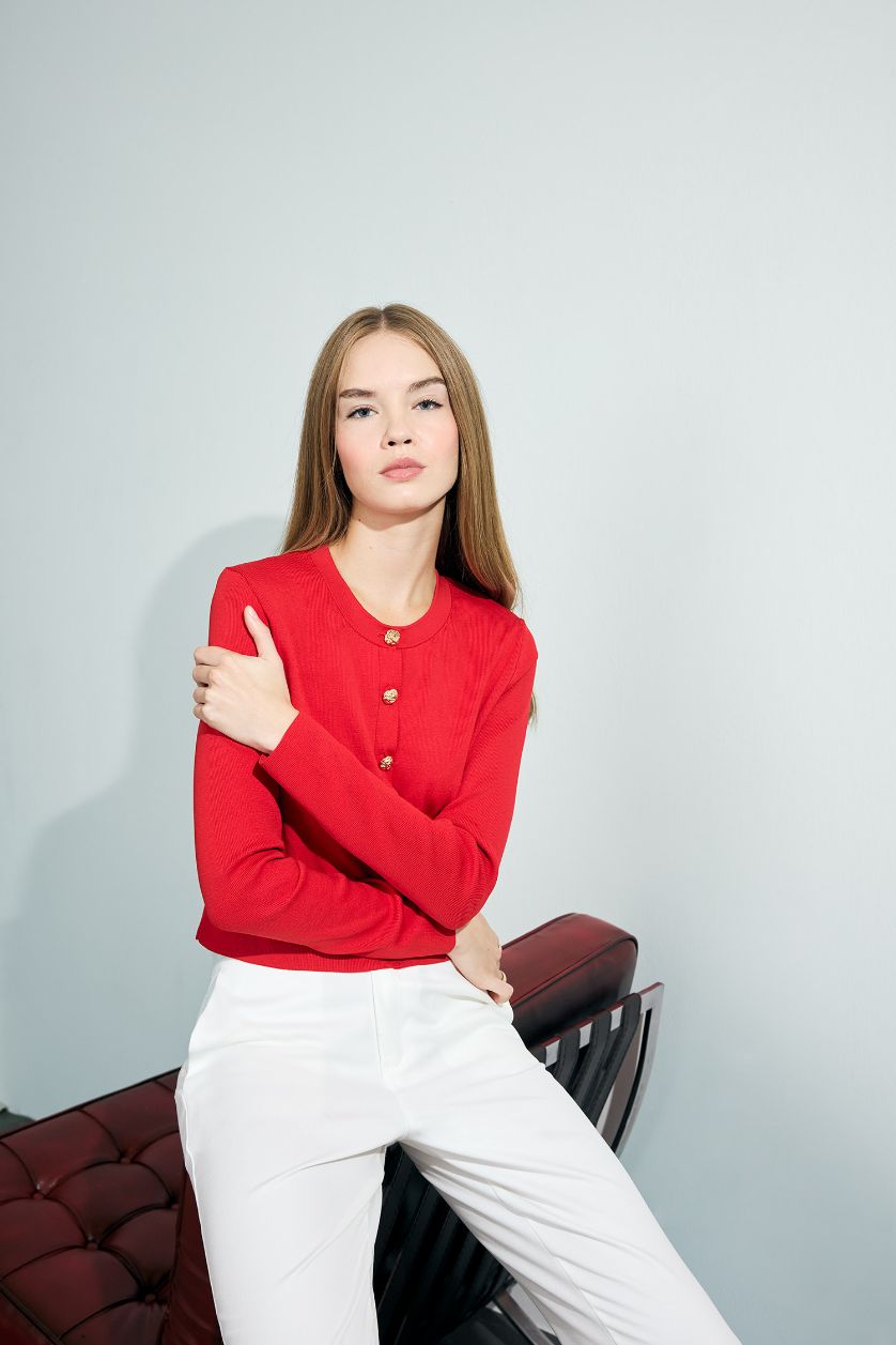 Woman Red Regular Fit Crew Neck Knitwear Cardigan