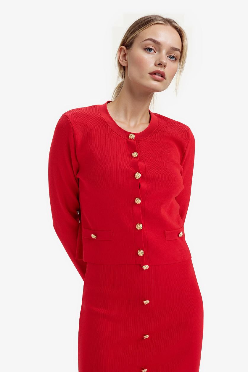 Woman Red Regular Fit Crew Neck Knitwear Cardigan