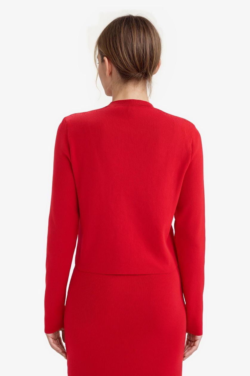Woman Red Regular Fit Crew Neck Knitwear Cardigan