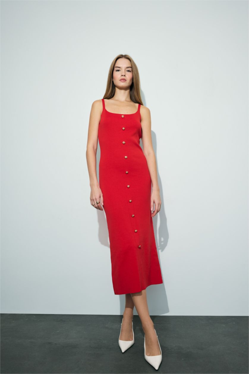Kadın Kırmızı A Kesim Triko Askılı Midi Elbise