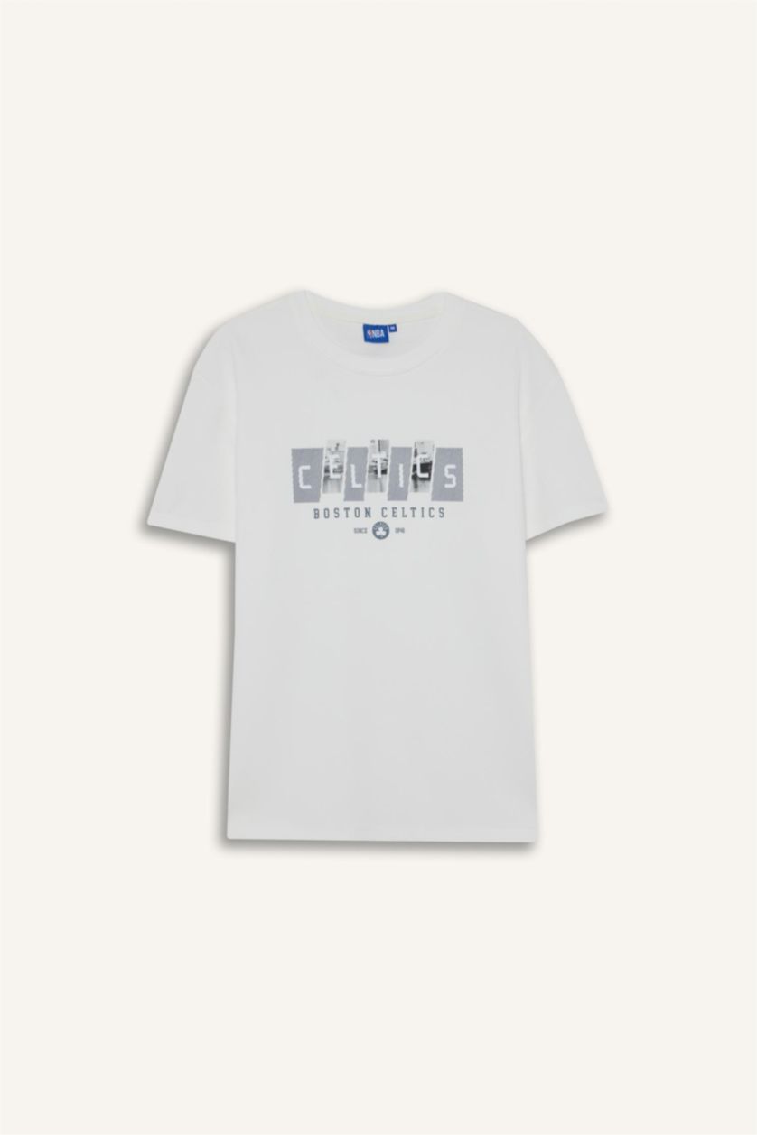Erkek Ekru NBA Boston Celtics Standart Fit Bisiklet Yaka Kısa Kollu Tişört