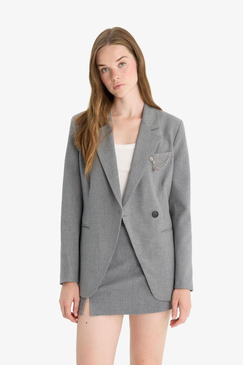 Kadın Gri Fitted Tafta Blazer Ceket