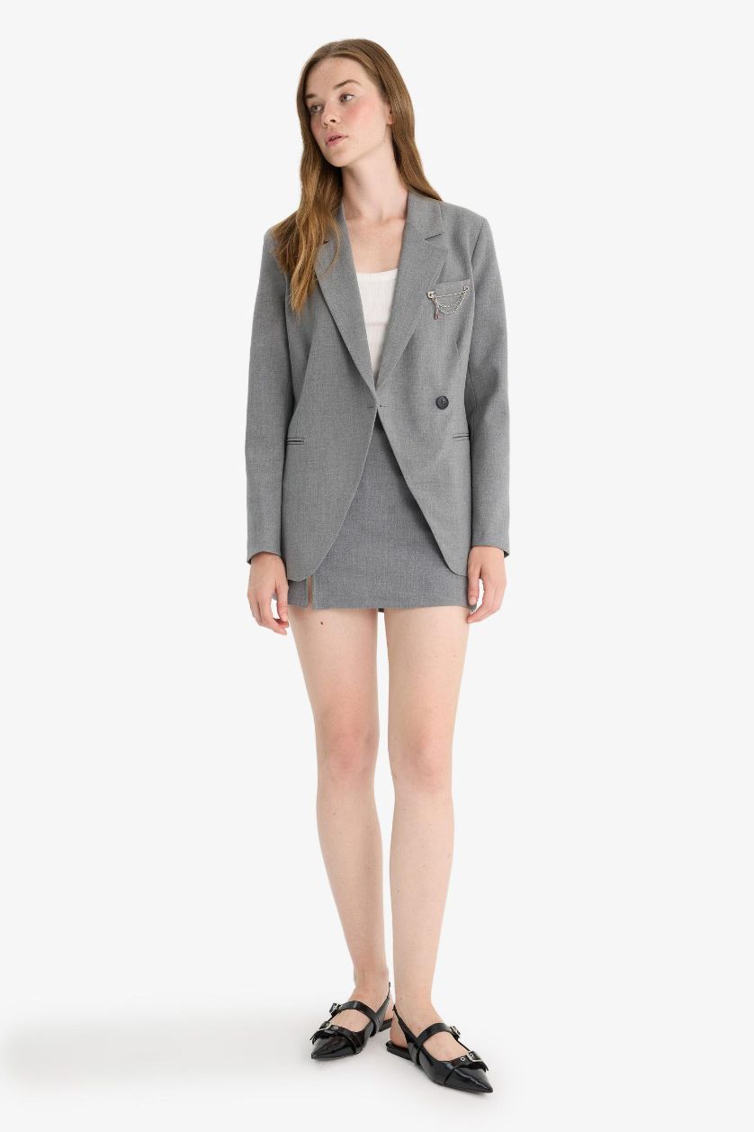 Kadın Gri Fitted Tafta Blazer Ceket