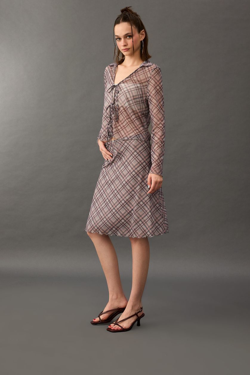 Kadın Açık Gri A Form Kareli Normal Bel Tül Midi Etek