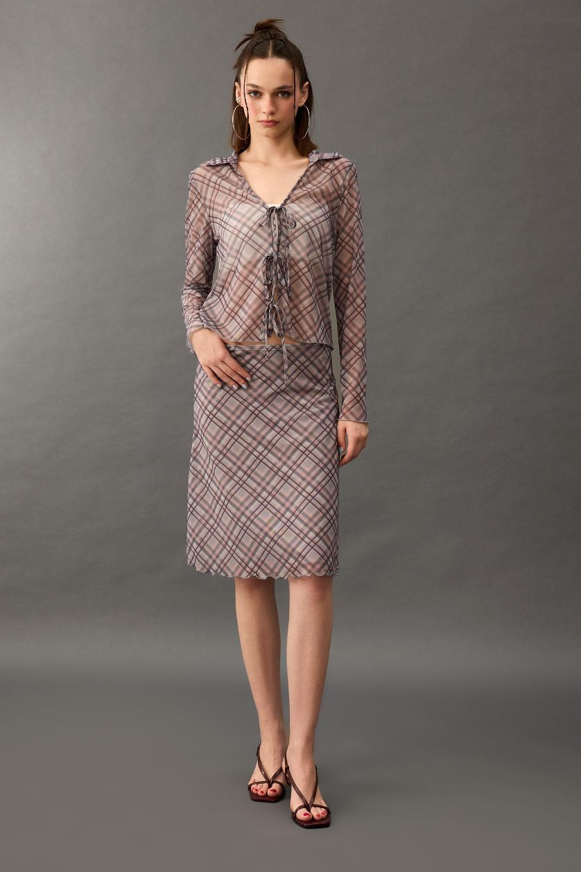 Kadın Açık Gri A Form Kareli Normal Bel Tül Midi Etek