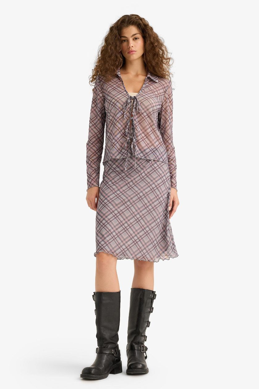 Kadın Açık Gri A Form Kareli Normal Bel Tül Midi Etek