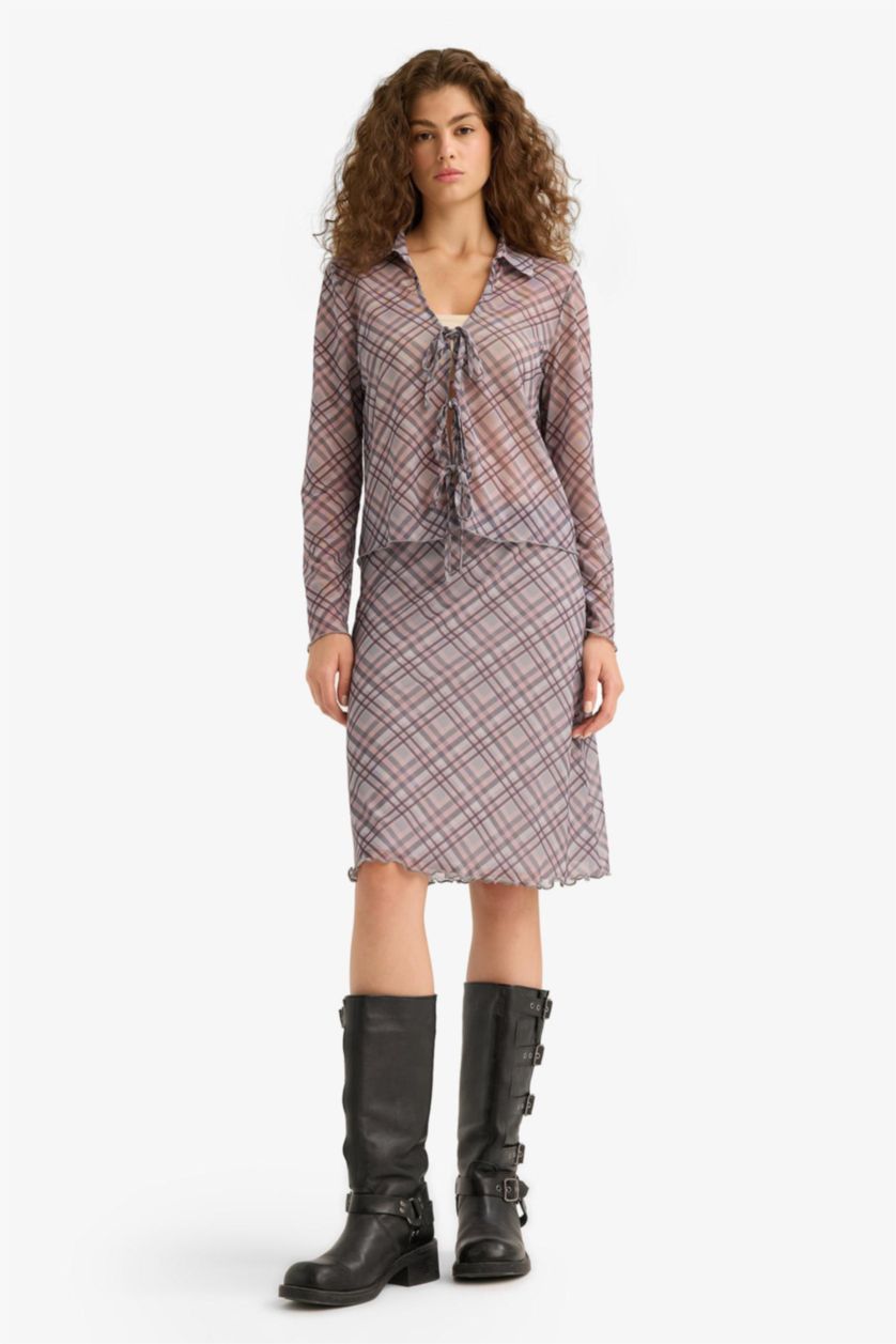 Kadın Açık Gri A Form Kareli Normal Bel Tül Midi Etek