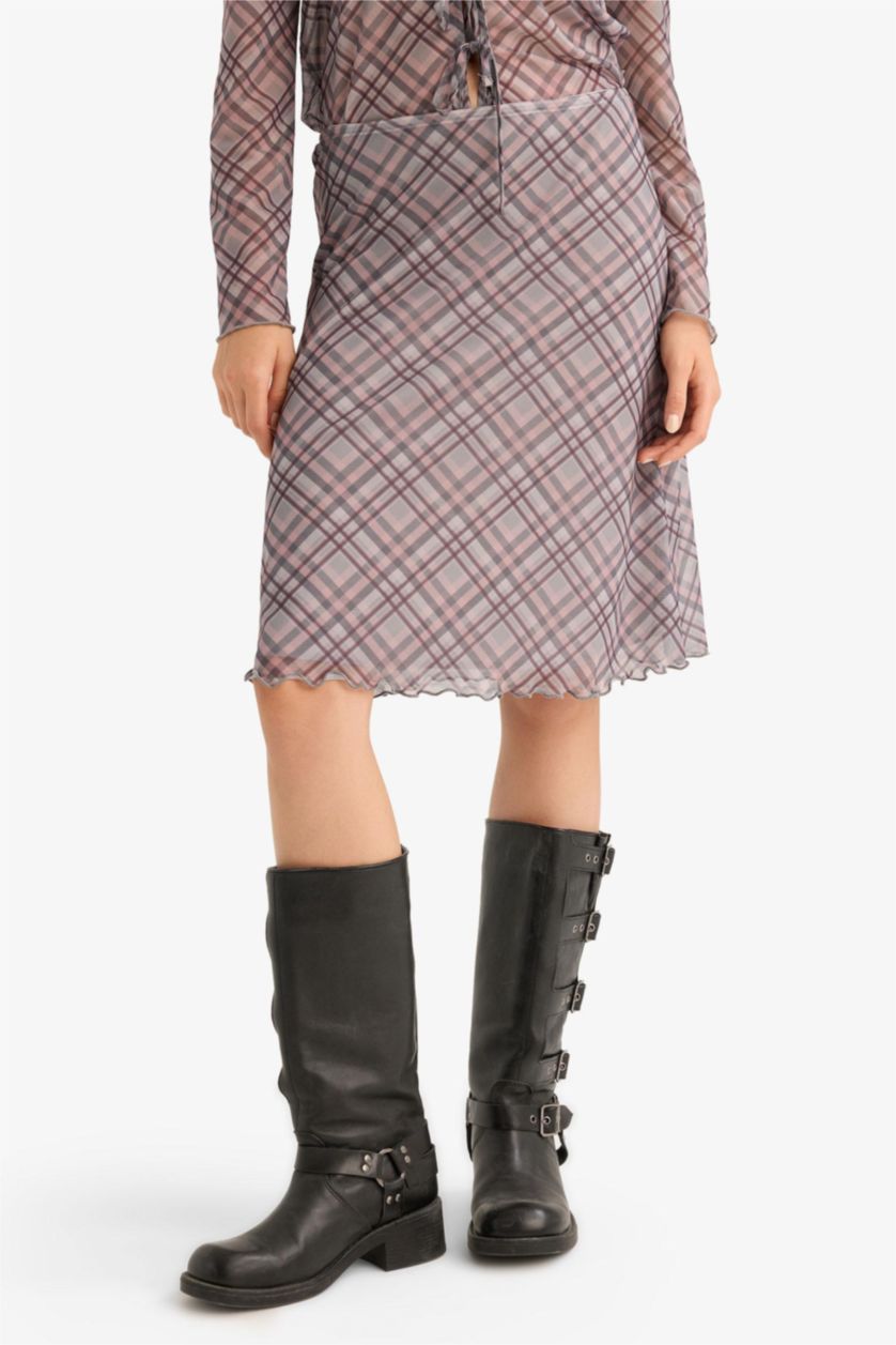 Kadın Açık Gri A Form Kareli Normal Bel Tül Midi Etek