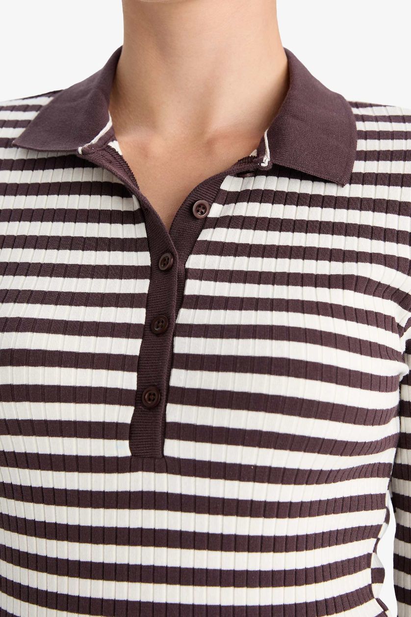 Kadın Bordo Slım Fıt Polo Yaka Çizgili Fitilli Kaşkorse Uzun Kollu Tişört