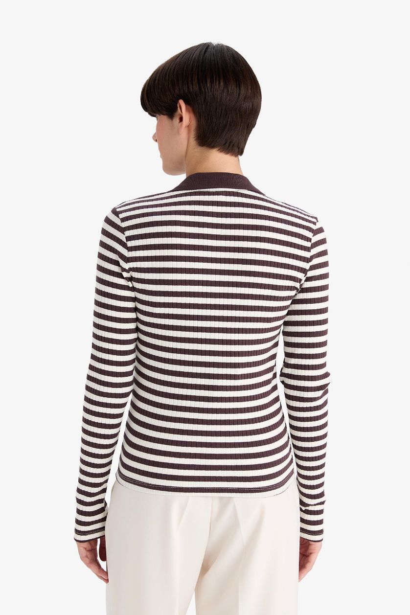 Kadın Bordo Slım Fıt Polo Yaka Çizgili Fitilli Kaşkorse Uzun Kollu Tişört