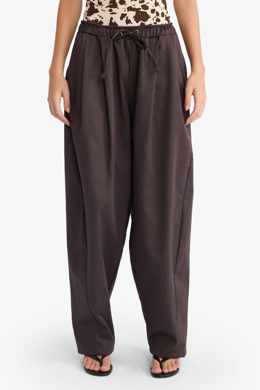 Kadın Kahve Baggy Fit Normal Bel Gabardin Pantolon