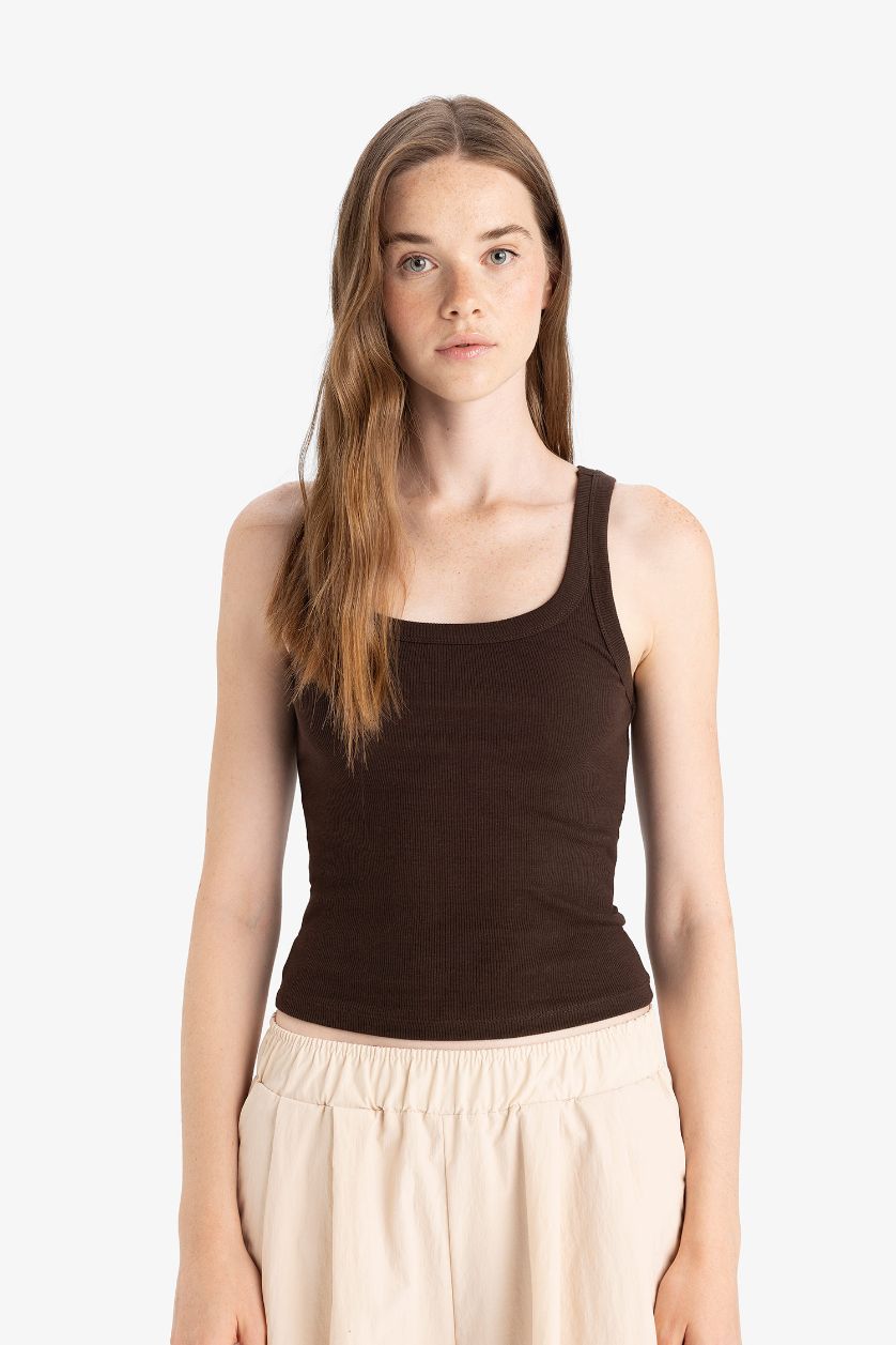 WOMAN Brown Slim Fit Camisole U Collar Tank Top