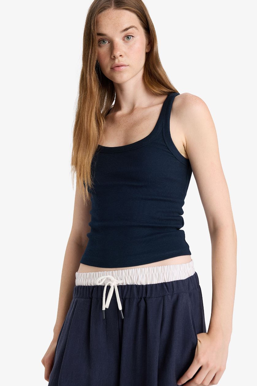 FEMME Marin Débardeur côtelé à col en U Coupe ajustée