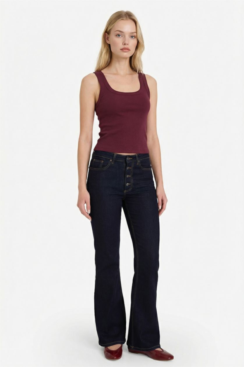 Женщины Бордовый Майка кашкорсе Fitted в рубчик с U-образным вырезом