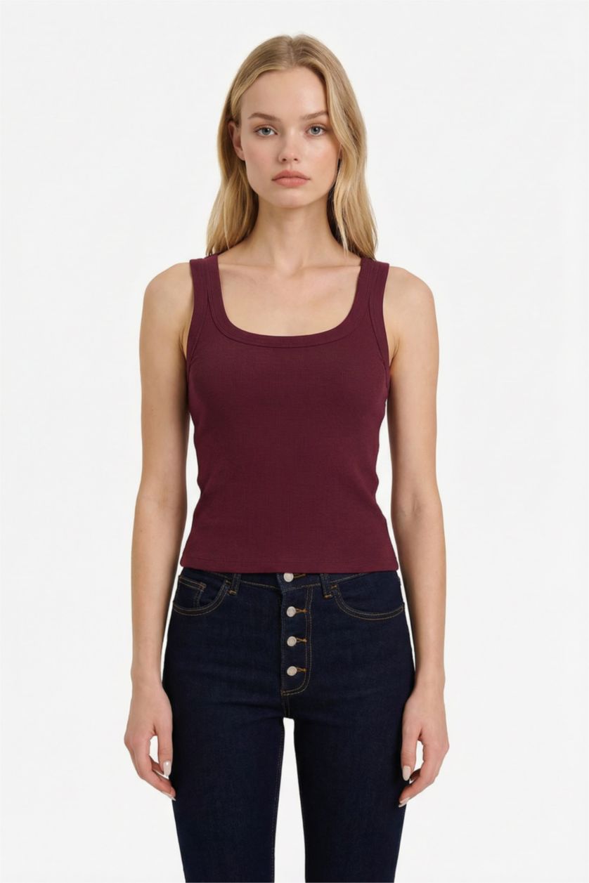 Женщины Бордовый Майка кашкорсе Fitted в рубчик с U-образным вырезом