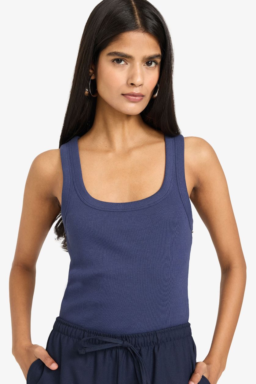 Женщины Синий Майка кашкорсе Fitted в рубчик с U-образным вырезом