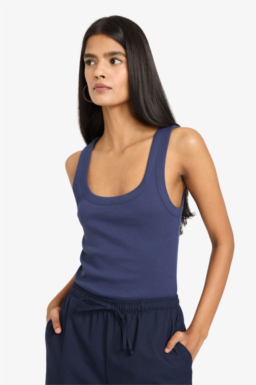 Женщины Синий Майка кашкорсе Fitted в рубчик с U-образным вырезом