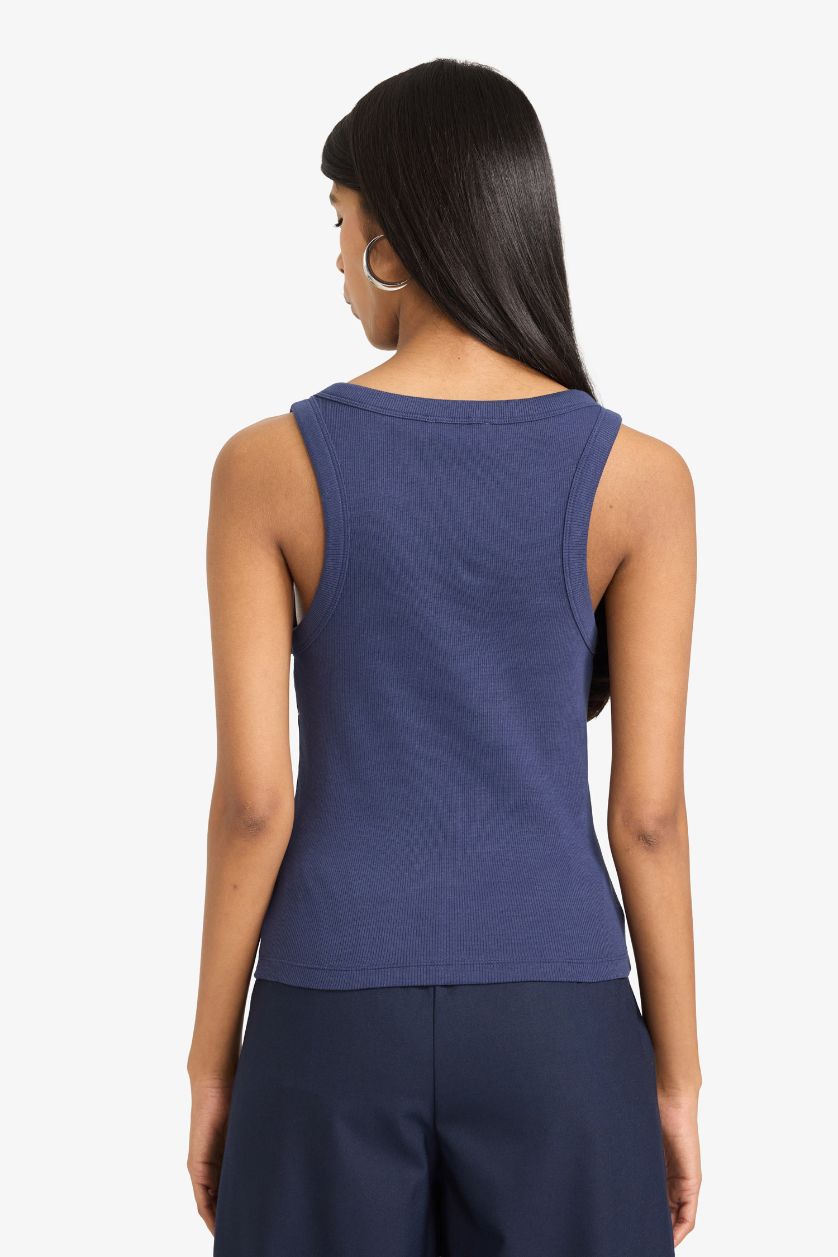 Женщины Синий Майка кашкорсе Fitted в рубчик с U-образным вырезом