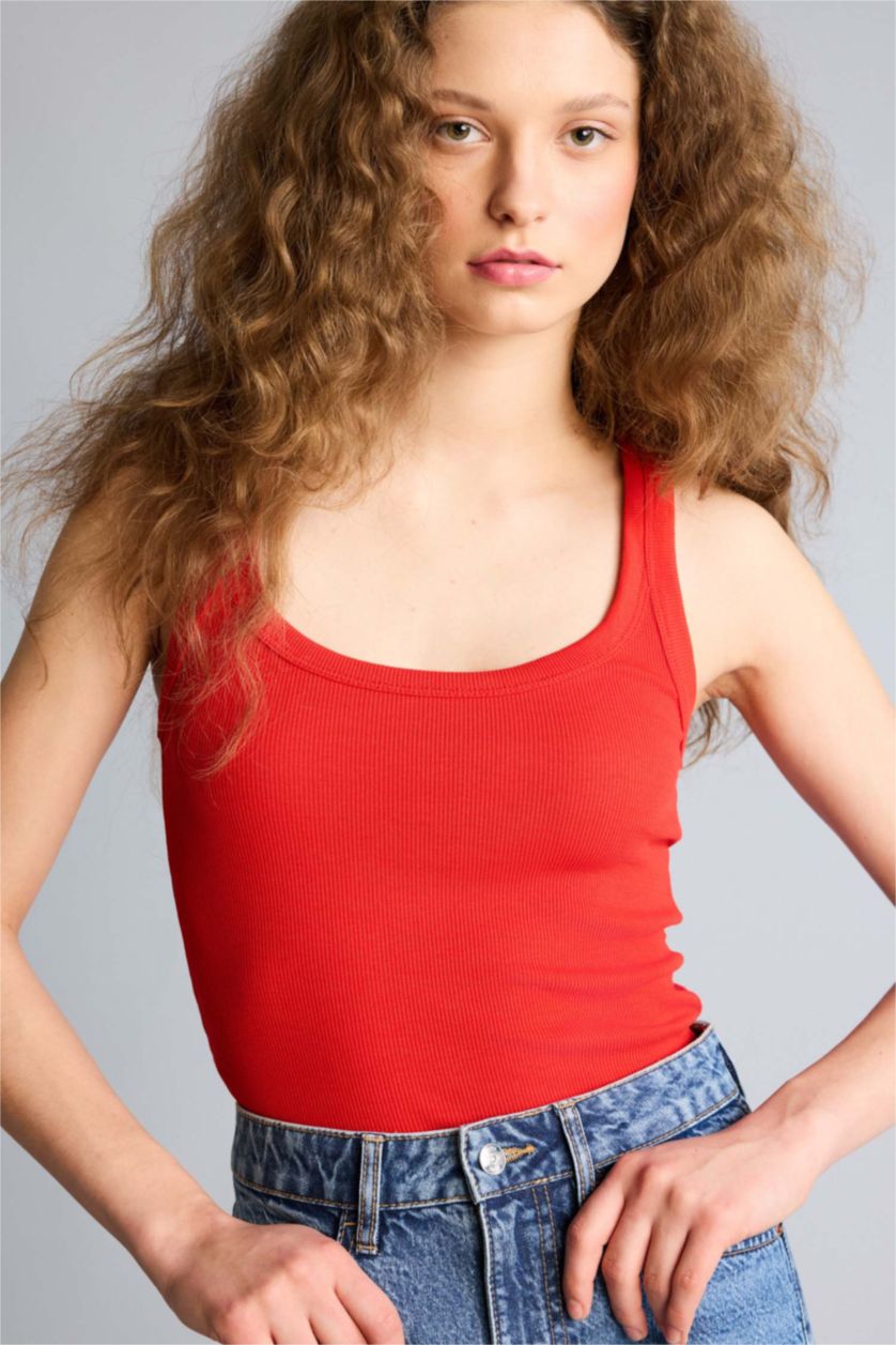 Kadın Kırmızı Fıtted Fitilli Kaşkorse Atlet