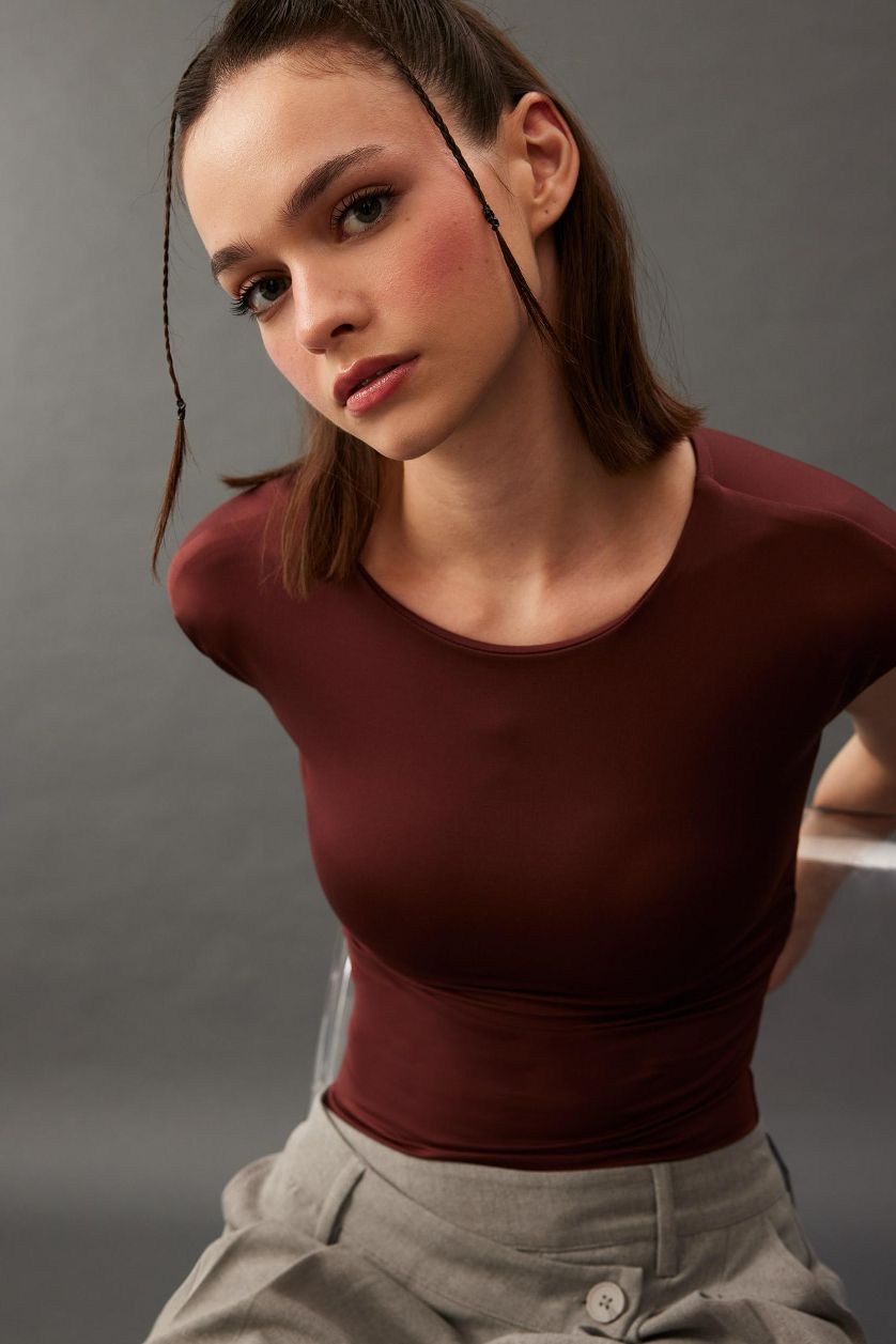 Kadın Bordo Basic Düz Kolsuz Çıtçıtlı Body