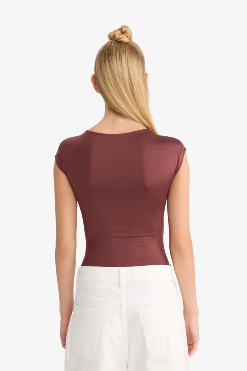 Kadın Bordo Basic Düz Kolsuz Çıtçıtlı Body