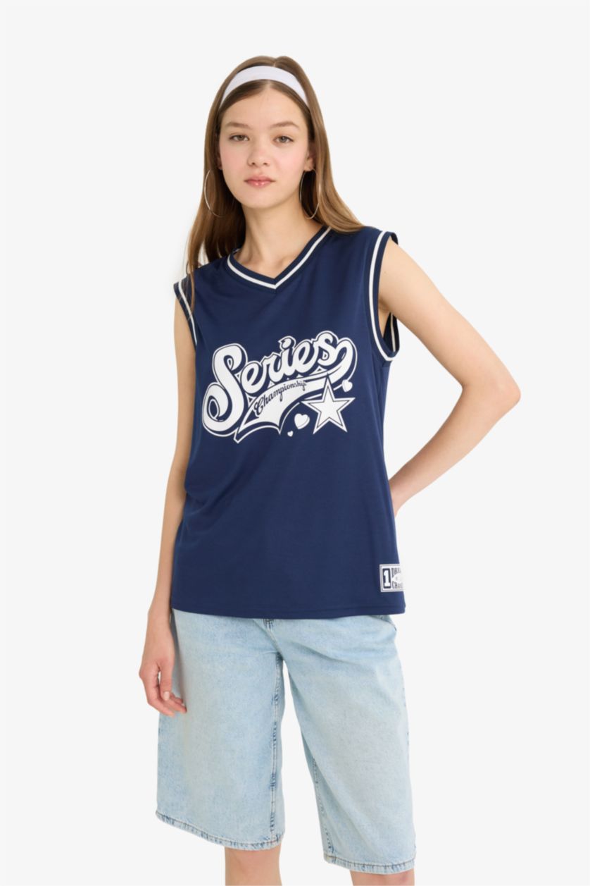 Kadın Lacivert Oversize Geniş Kalıp Sırt Baskılı V Yaka Forma Kumaşı Atlet