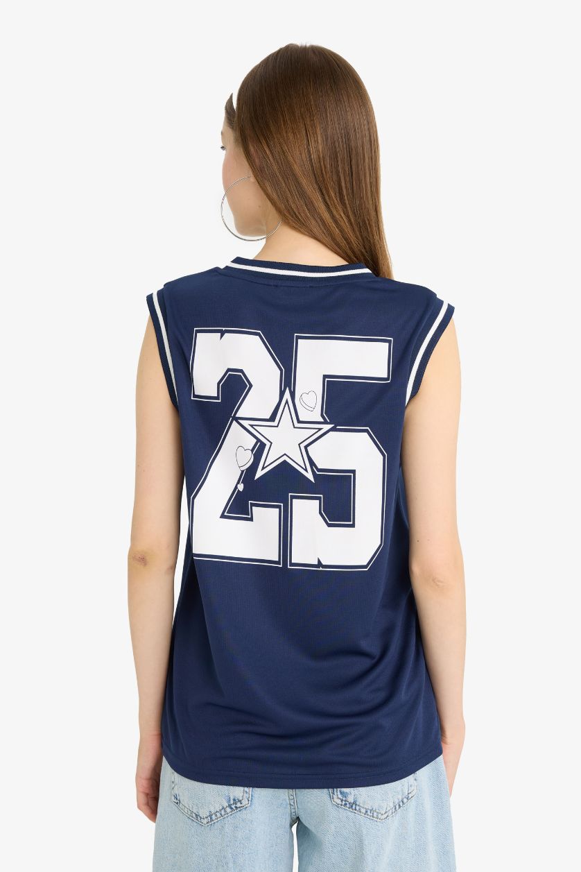 Kadın Lacivert Oversize Geniş Kalıp Sırt Baskılı V Yaka Forma Kumaşı Atlet