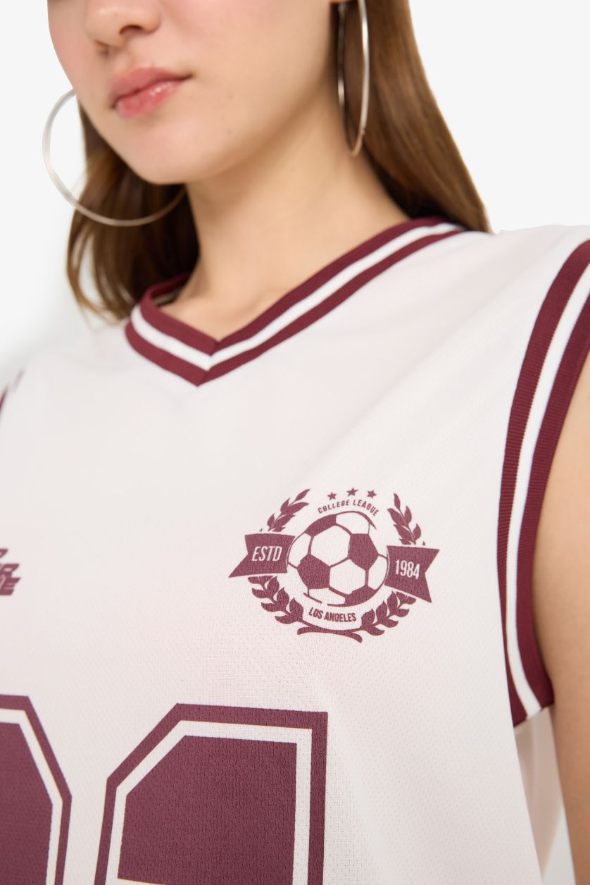 Kadın Kırık Beyaz Oversize Geniş Kalıp Baskılı V Yaka Forma Kumaşı Atlet