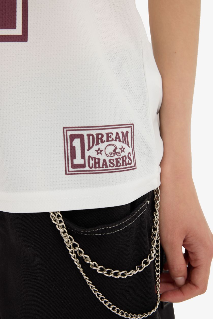 Kadın Kırık Beyaz Oversize Geniş Kalıp Baskılı V Yaka Forma Kumaşı Atlet