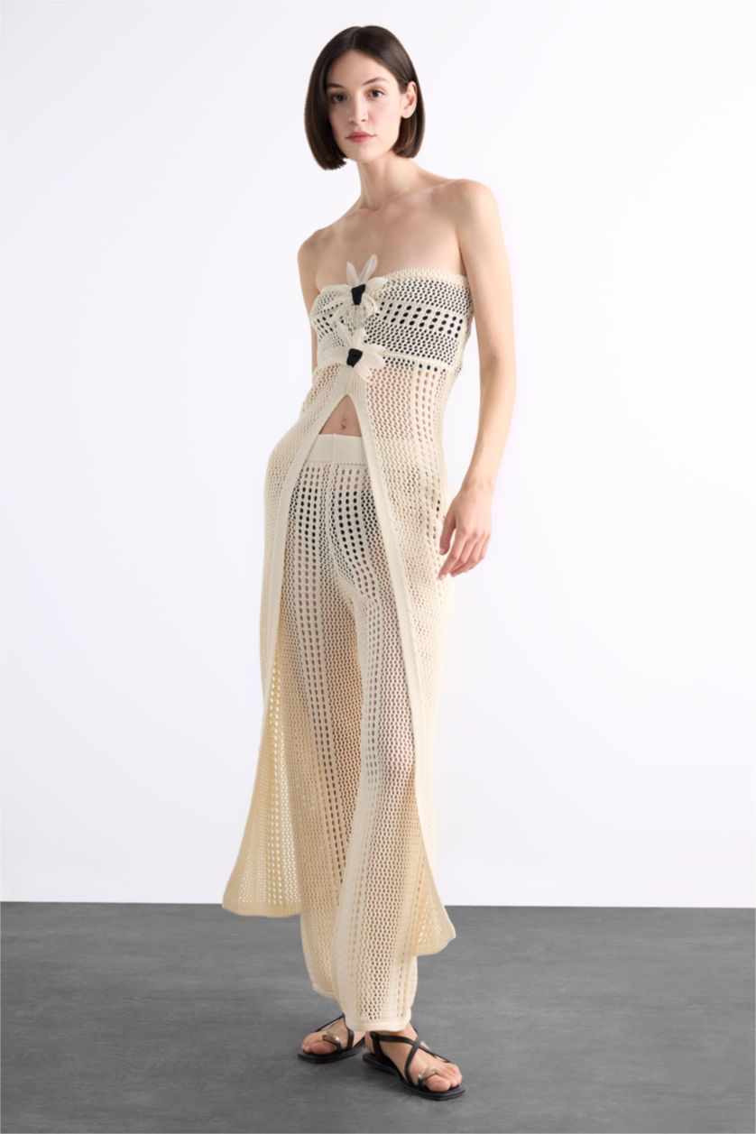 Kadın Ekru Straplez Çiçek Detaylı Kroşe Uzun Plaj Üstü