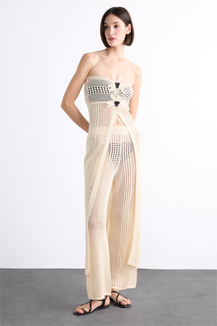 Kadın Ekru Straplez Çiçek Detaylı Kroşe Uzun Plaj Üstü