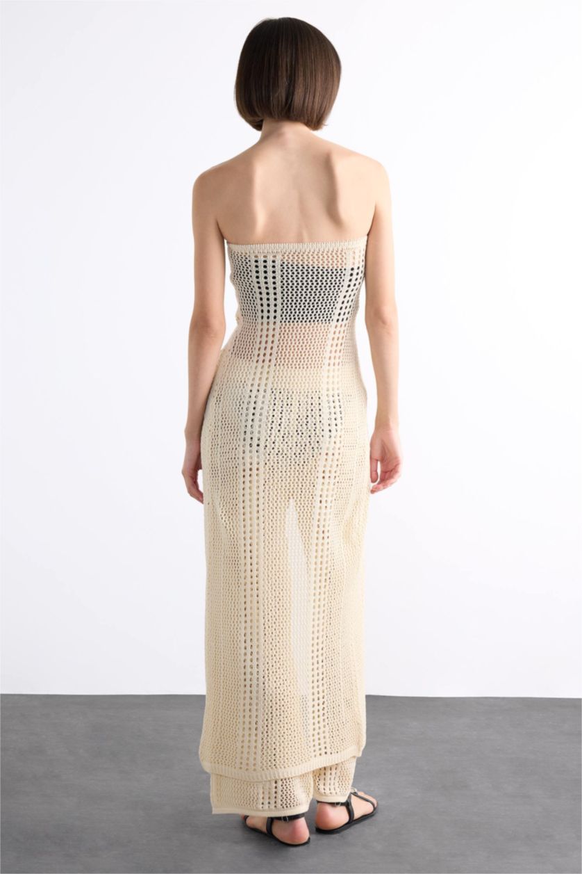 Kadın Ekru Straplez Çiçek Detaylı Kroşe Uzun Plaj Üstü