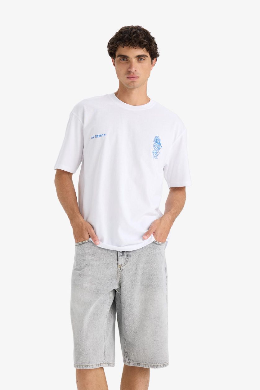 Erkek Açık Gri %100 Pamuk Baggy Fit Jean Bermuda Şort