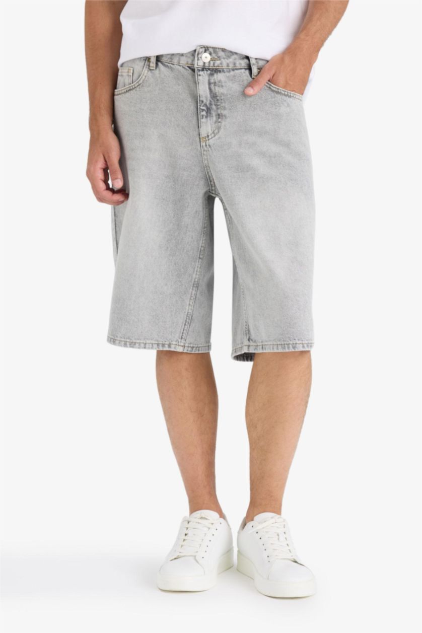 Erkek Açık Gri %100 Pamuk Baggy Fit Jean Bermuda Şort