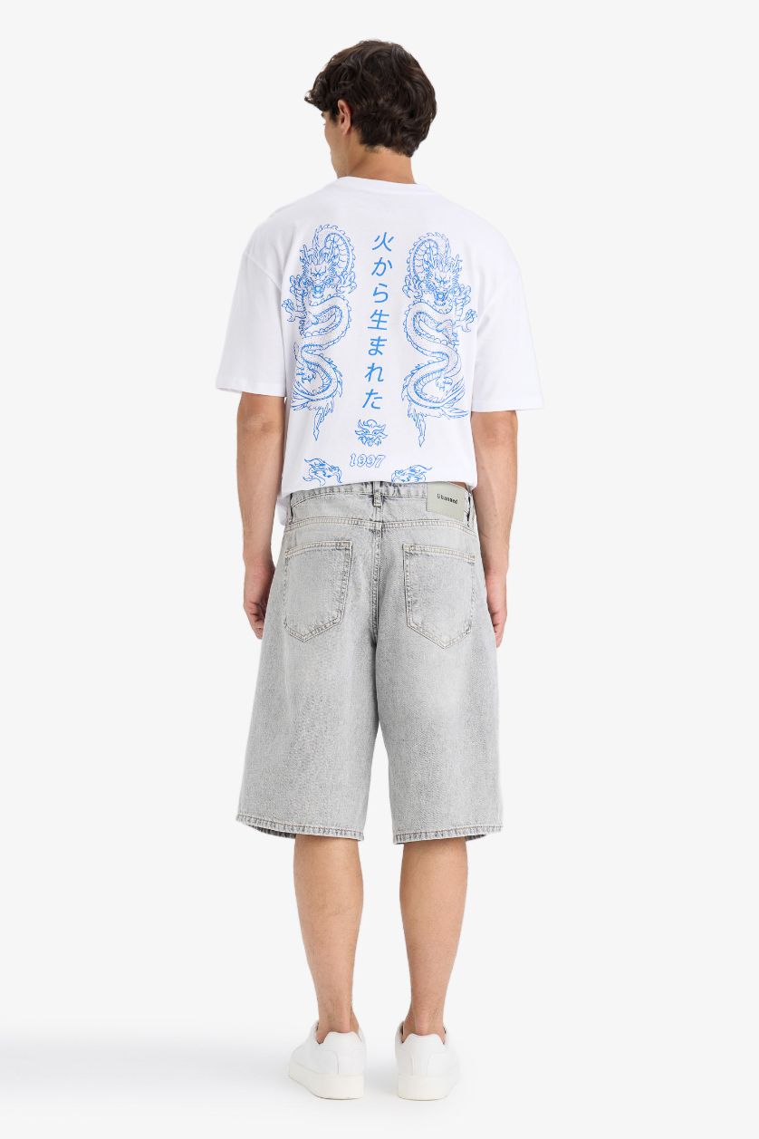 Erkek Açık Gri %100 Pamuk Baggy Fit Jean Bermuda Şort