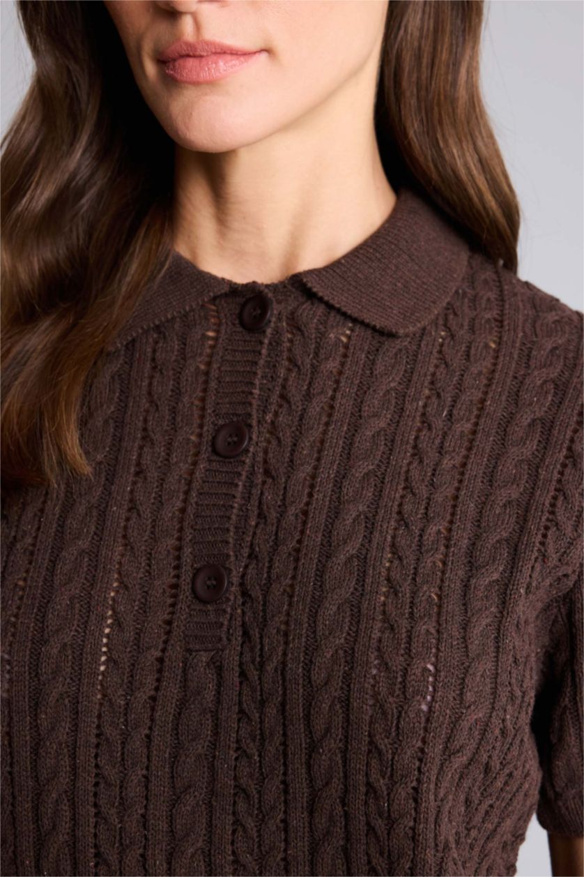 Kadın Tarçın Polo Yaka Kısa Kollu Ajurlu Triko Kazak