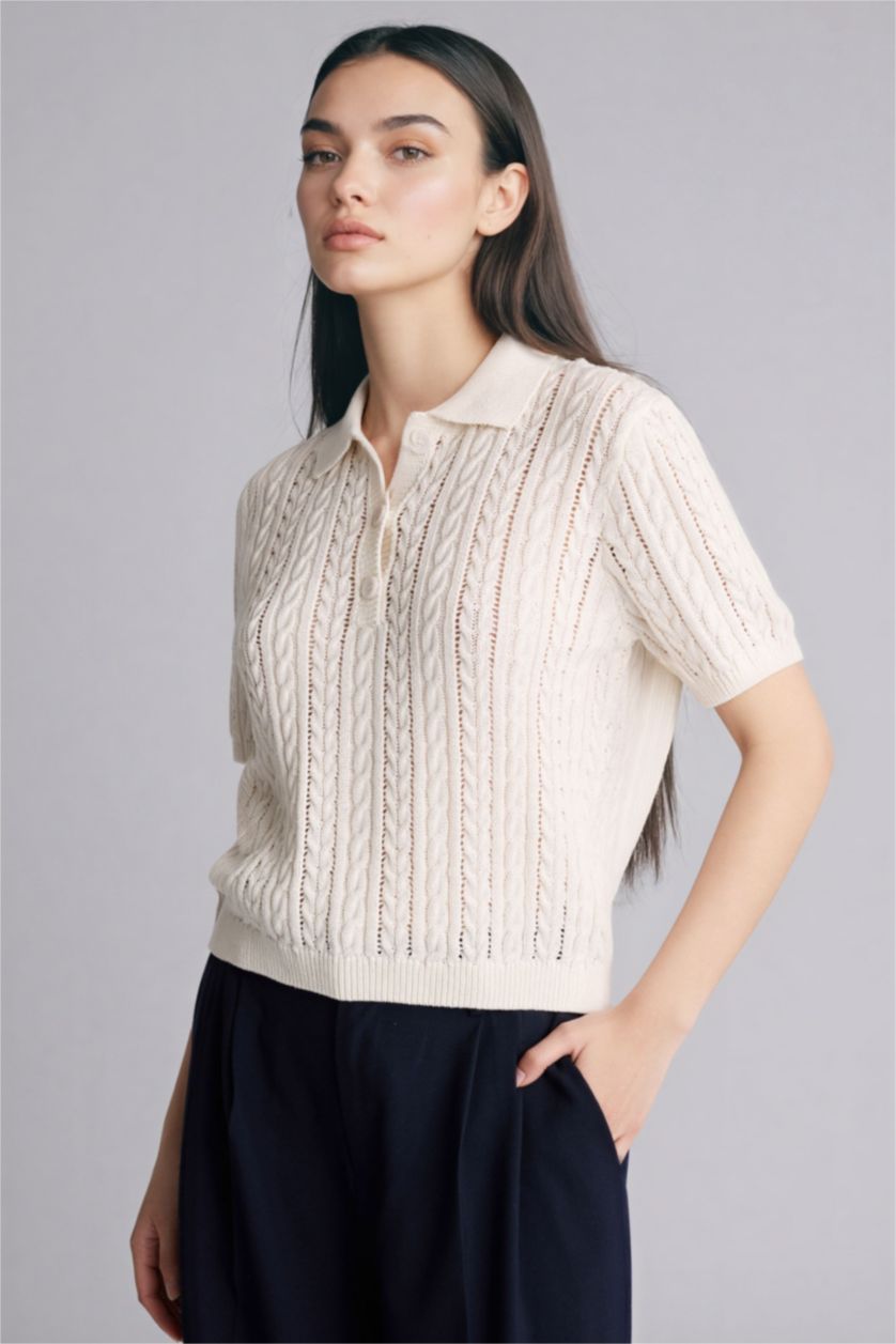 Woman Ecru Regular Fit Polo Collar Knitwear Pullover